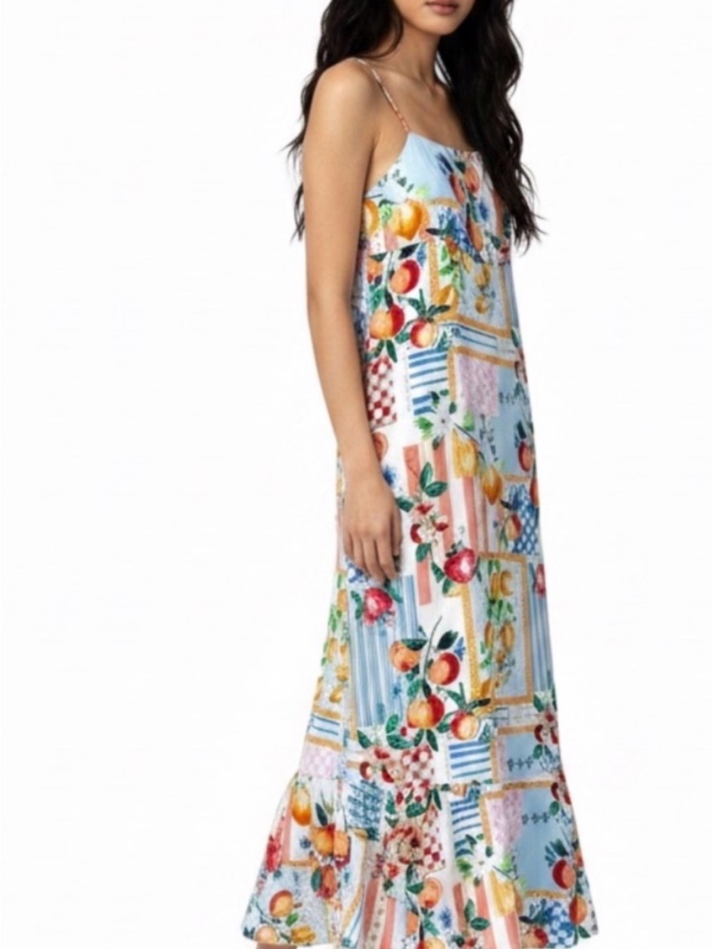 Anthropologie Paper Heart Fruit Patchwork Midi Dress L Tie Back Sundress